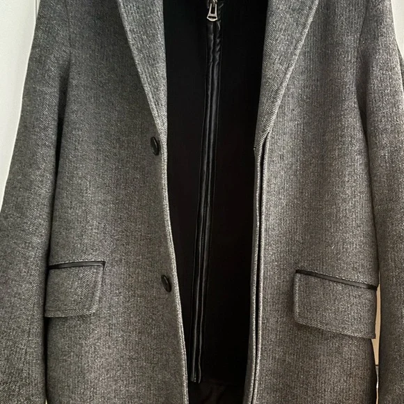 Cole Haan Men's Classic Wool Twill Topper Coat Ribbed Knit Bib Gray Black